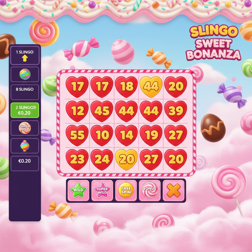 Slingo Sweet Bonanza 5x5 bingo grid with heart-shaped candy tiles, pink cotton candy clouds, colorful lollipops and rainbow swirl bonus symbols on candy-land background