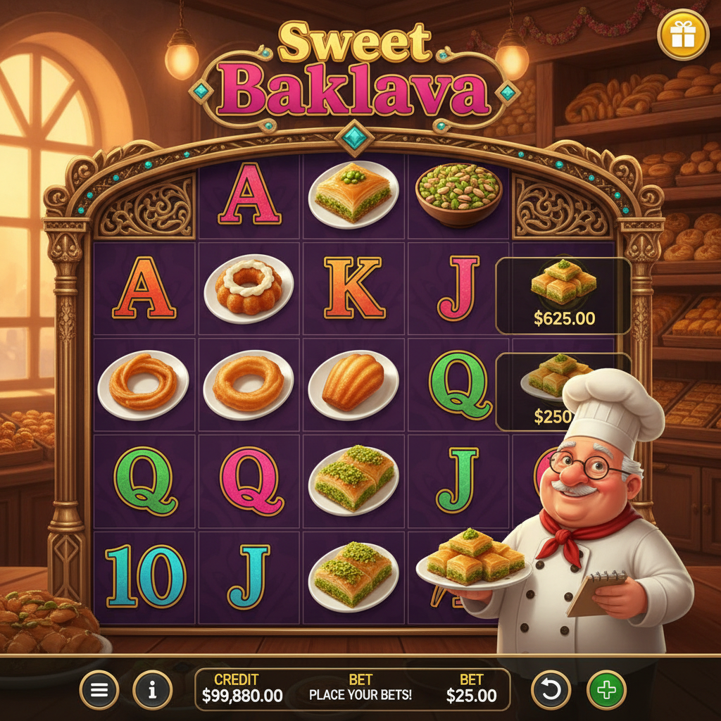 Sweet Baklava slot game featuring ornate golden frame with 5 reels, Turkish bakery theme, chef character holding baklava plate, purple reel symbols, and Middle Eastern pastry symbols including baklava trays and pistachio treats