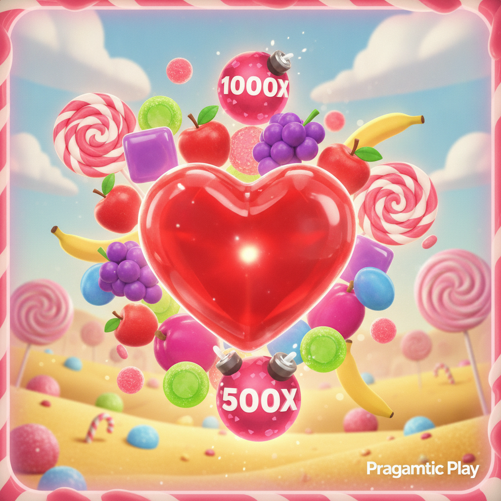 Sweet Bonanza 1000 slot with colorful candies, spiral lollipops, hearts, fruits on desert background with blue sky