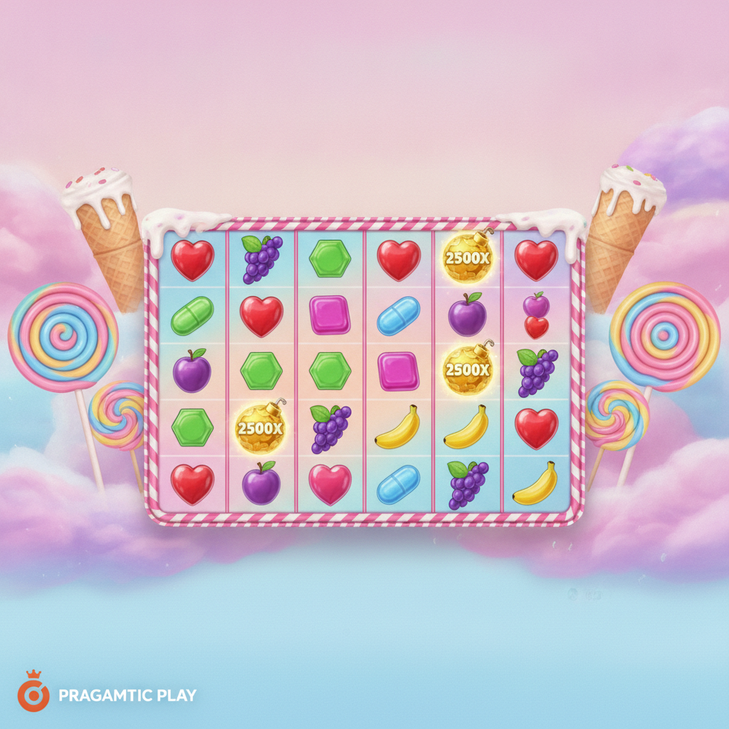 Sweet Bonanza 2500 slot showing vibrant candy landscape with pink cotton candy clouds, lollipops, and multiplier bomb symbols displaying 2500x on a 6x5 game grid