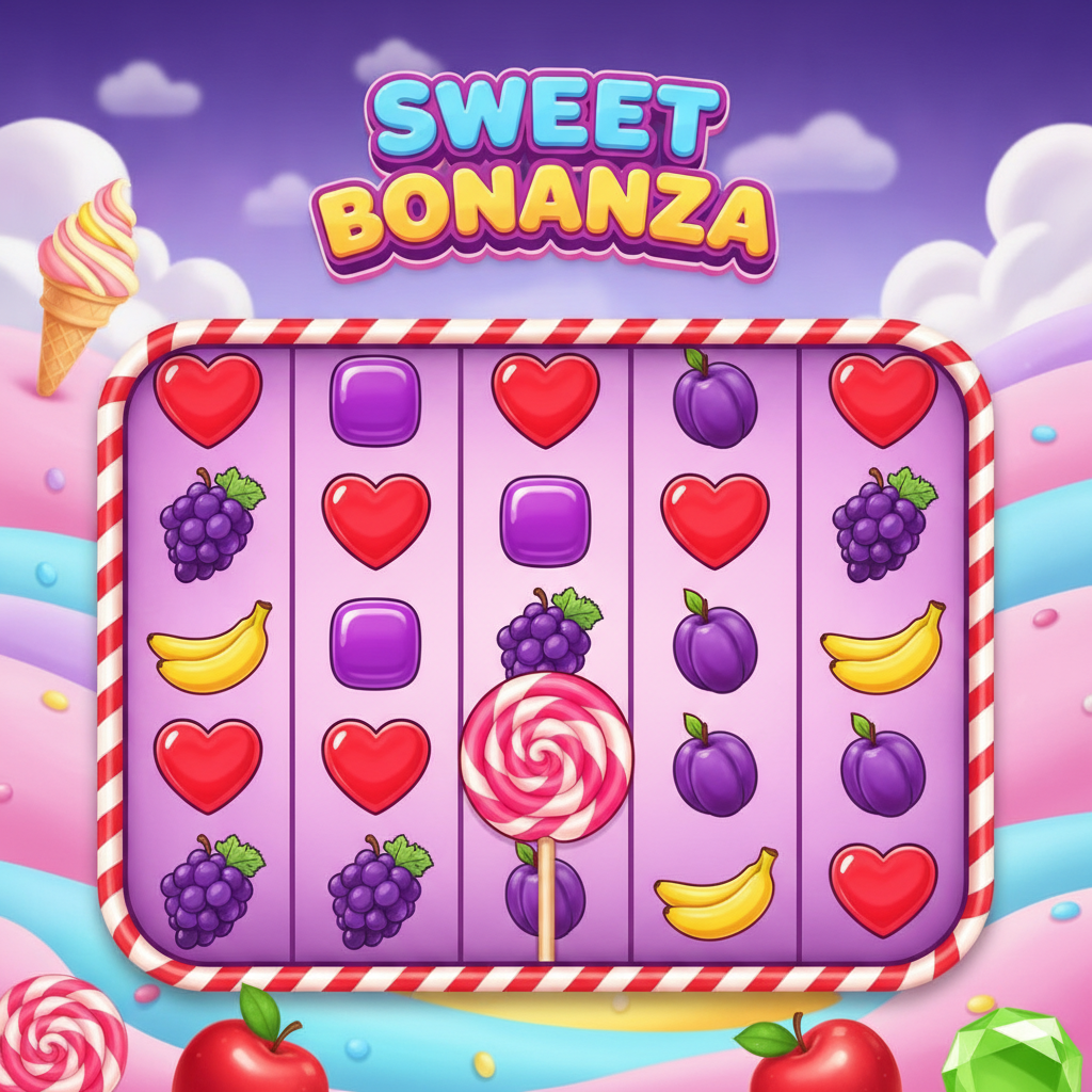 Sweet Bonanza slot game showing candy-striped reels filled with heart candies, purple squares, spiral lollipops, bananas, apples, grapes and plums on a colourful candy landscape background