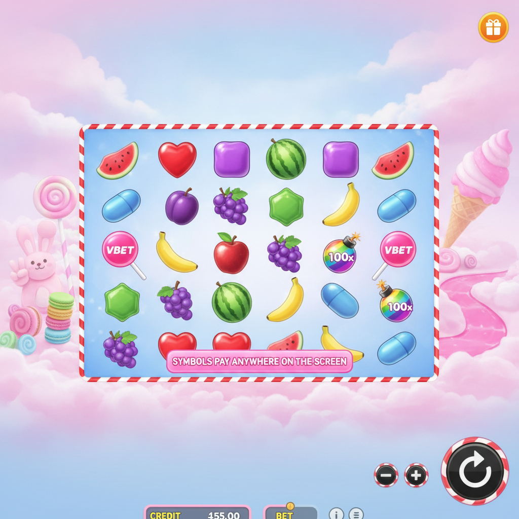 Sweet Bonanza slot game 6x4 grid with candy symbols heart square pentagon, fruit symbols apple plum grapes banana, pink Vbet lollipop scatter and rainbow multiplier bomb in pastel candy world