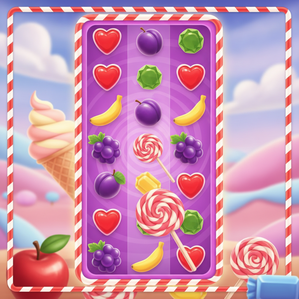 Sweet Bonanza slot game featuring colourful candy landscape with tumbling reels, spiral lollipops, fruit symbols including bananas grapes apples, heart-shaped candies, and purple game grid with candy-striped border