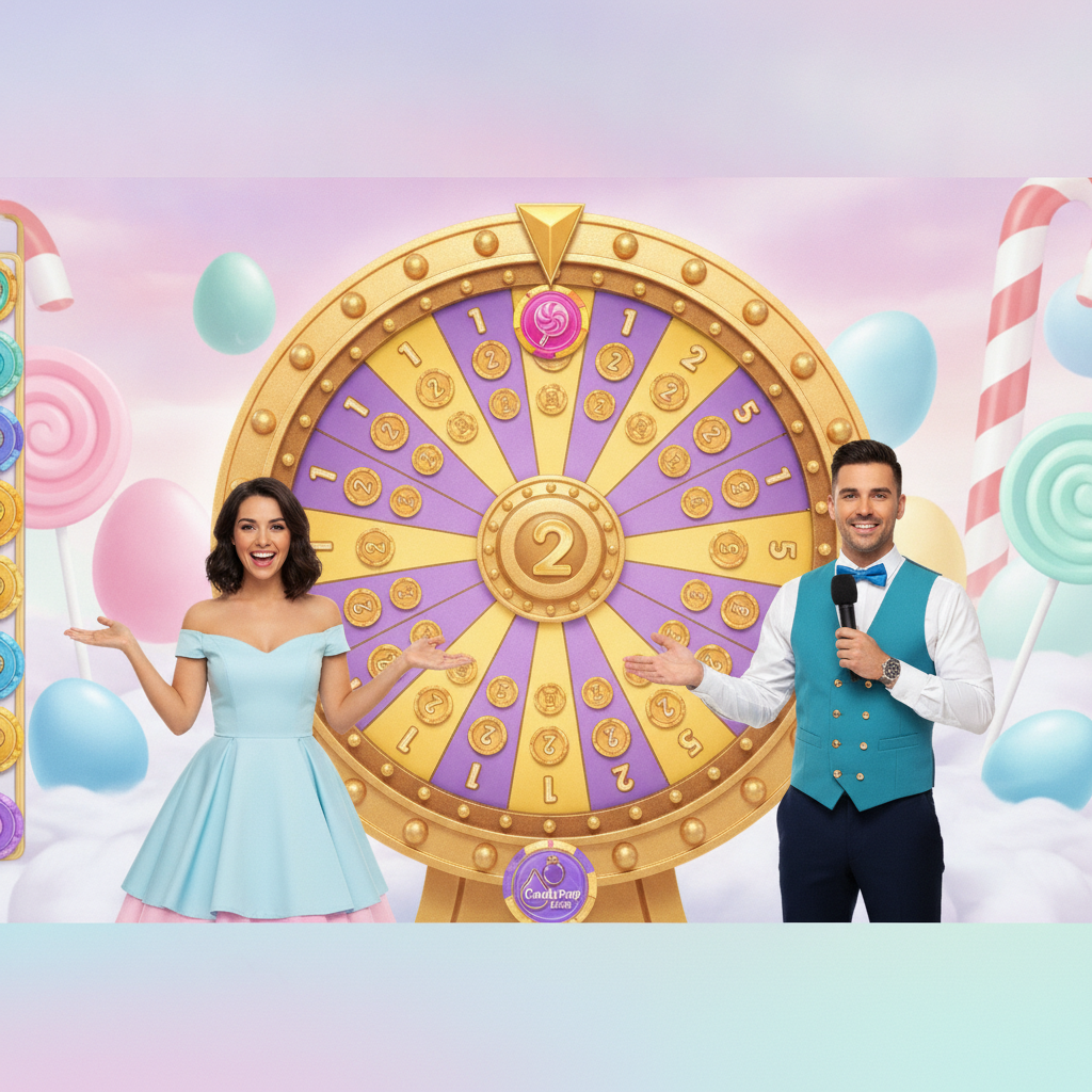 Sweet Bonanza CandyLand live game show with large golden spinning wheel featuring numbered segments and Sugar Bomb bonuses, two presenters in candy-themed costumes in pastel studio with lollipops and candy decorations