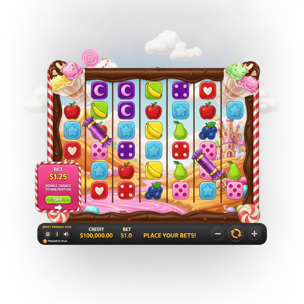 Sweet Bonanza Dice slot game showing colorful dice symbols including hearts, moons, stars, diamonds, and fruit symbols on a 6x5 candy-themed grid with ice cream decorations and candy cane poles