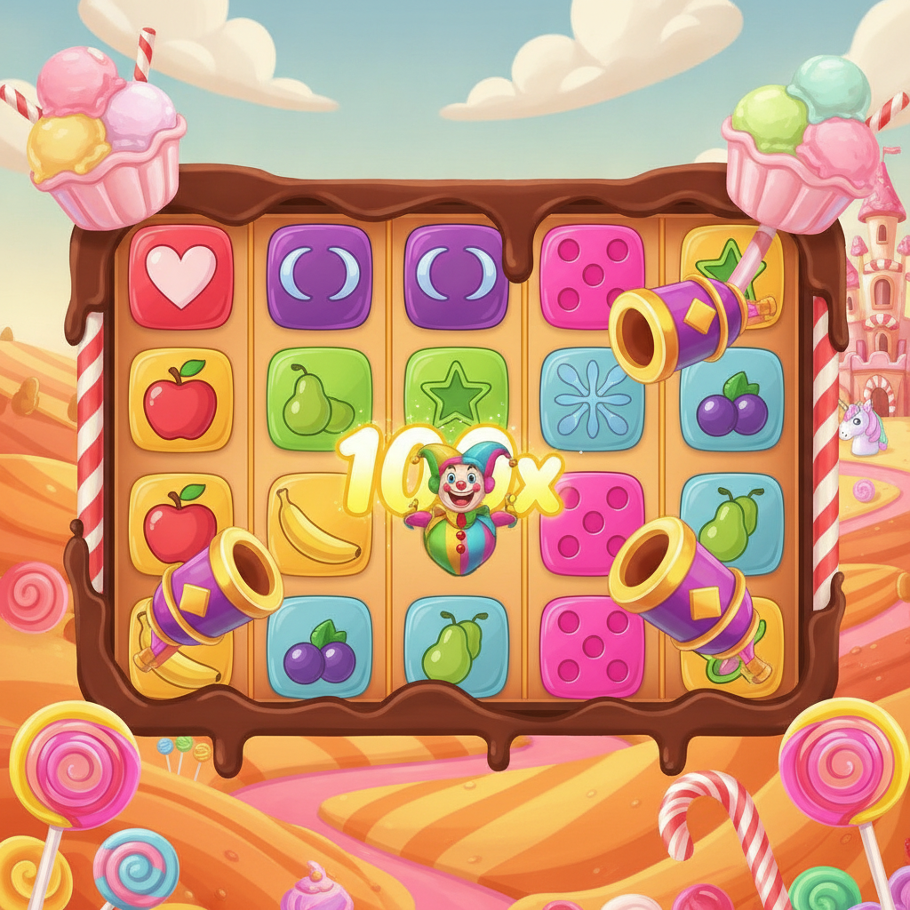Sweet Bonanza Dice slot game featuring 6x5 candy-themed grid with colorful dice symbols including hearts, moons, stars, fruits, scatter cannons, and multiplier jester character against a whimsical candy landscape background