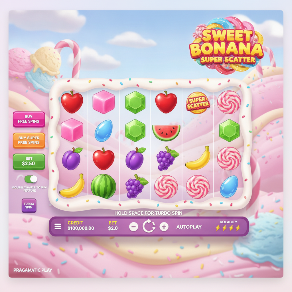 Sweet Bonanza Super Scatter slot game featuring colourful candy landscape with hearts, fruits, lollipop scatters, and purple game grid on pastel pink background