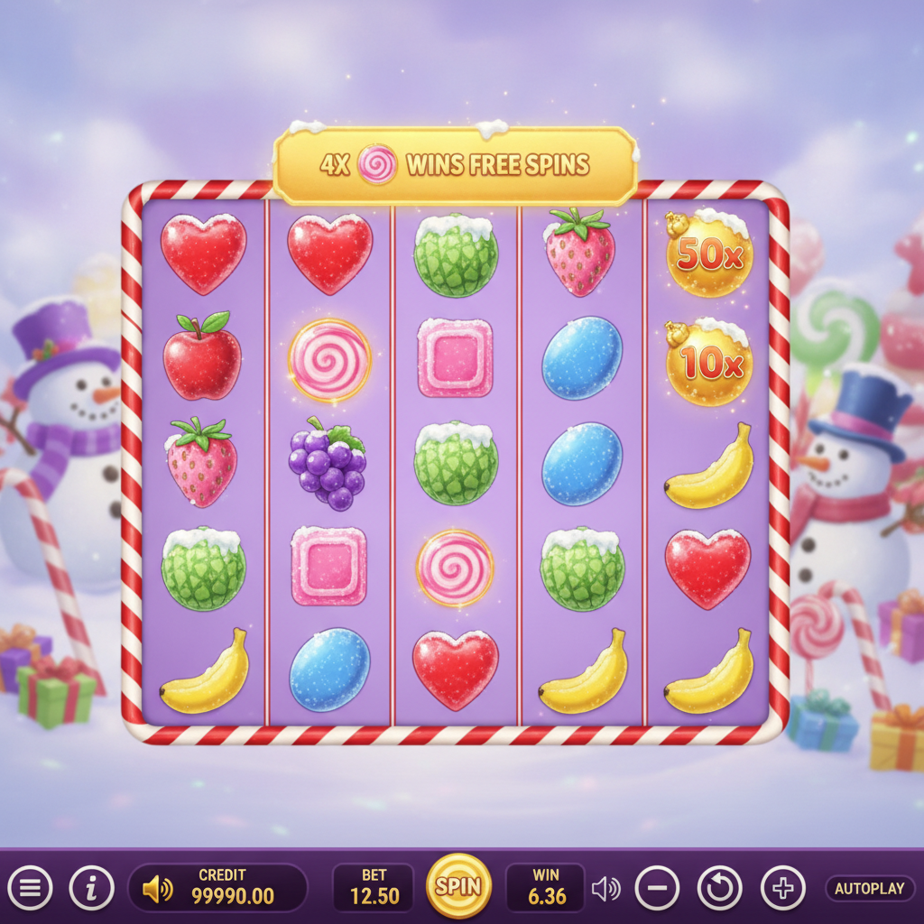Sweet Bonanza Xmas slot game showing 6x5 grid with candy cane border, heart candies, lollipop scatters, strawberries and festive Christmas symbols on snowy background