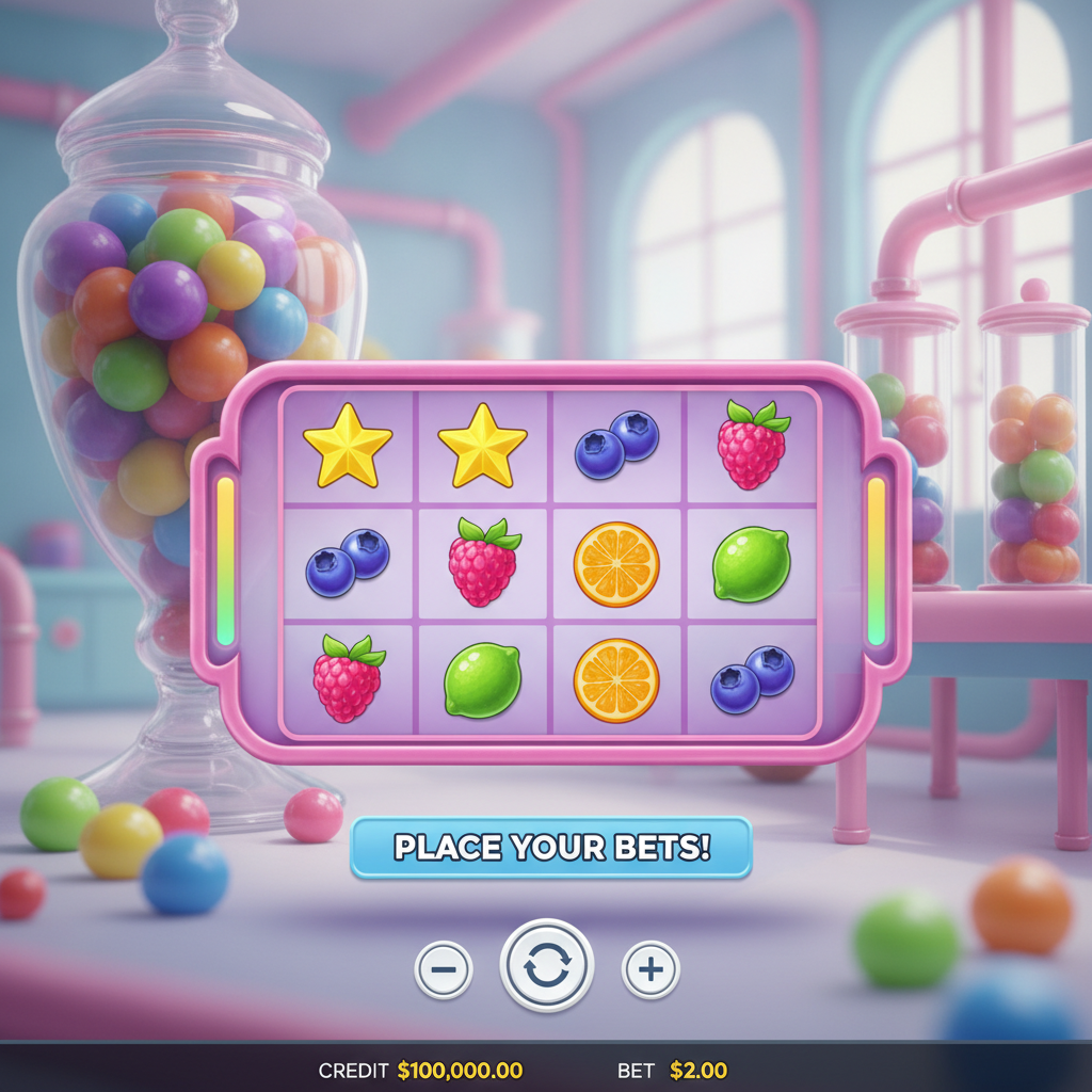 Sweet Burst slot game showing 4x5 candy grid with colorful fruit symbols including star, lime, strawberry, orange, raspberry and blueberry in pink laboratory setting