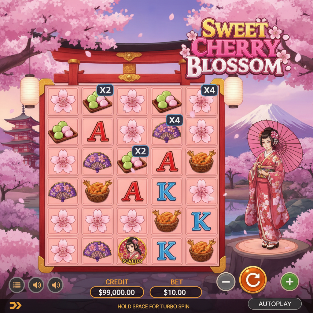 Sweet Cherry Blossom slot game showing 7x7 grid with Japanese garden background, cherry blossom trees, torii gate, geisha character, and traditional symbols including sakura flowers, mochi, fan and parasol