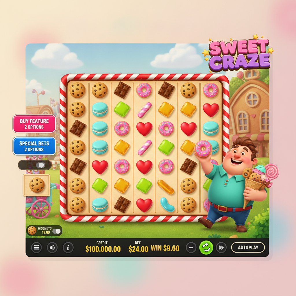 Sweet Craze slot game showing 7x7 candy grid with colourful symbols including cookies, donuts, chocolate bars, macarons, and heart candies on cream background with mascot character