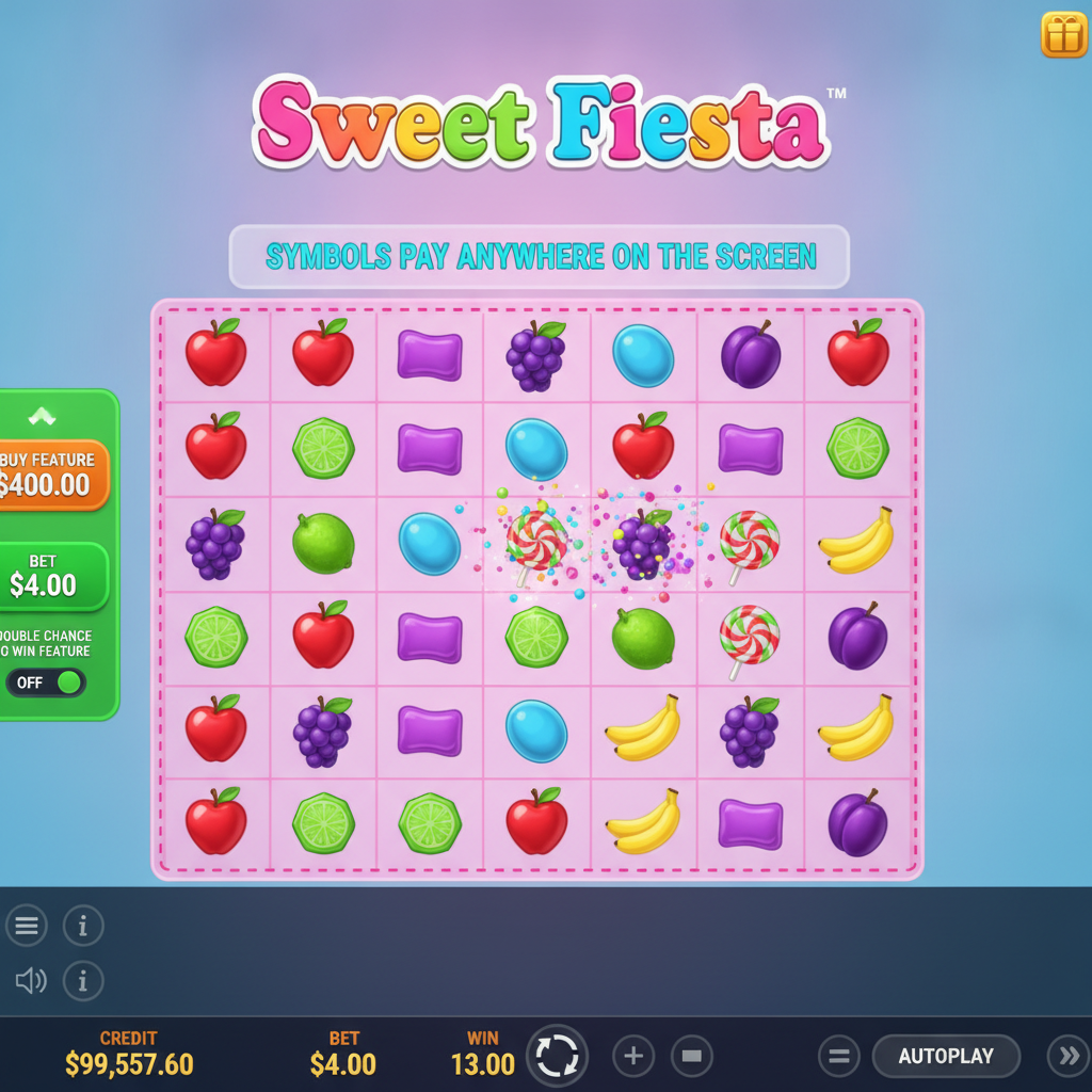 Sweet Fiesta slot game featuring colourful candy symbols including heart candies, pentagon mints, grape clusters and lollipops on a 6x5 grid with pink dashed borders