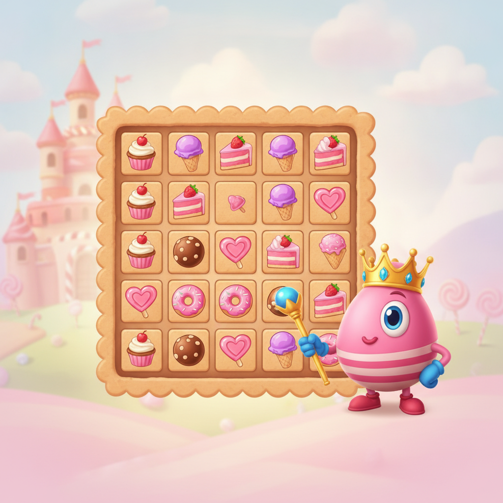 Sweet Kingdom slot game showing a 7x7 grid filled with candy symbols including cupcakes, ice cream cones, heart lollipops, and donuts, set against a pastel candy castle background with pink mascot character wearing golden crown