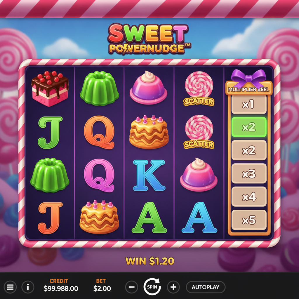 Sweet PowerNudge slot game with 6x5 candy grid, pink candy-cane frame, lollipop scatters, multiplier reel and colourful jelly symbols on purple background